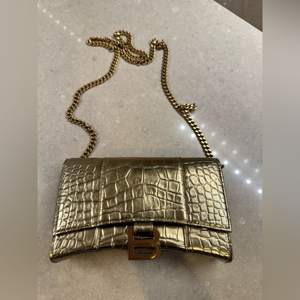 Balenciaga Metallic Gold Hourglass Wallet on a Chain